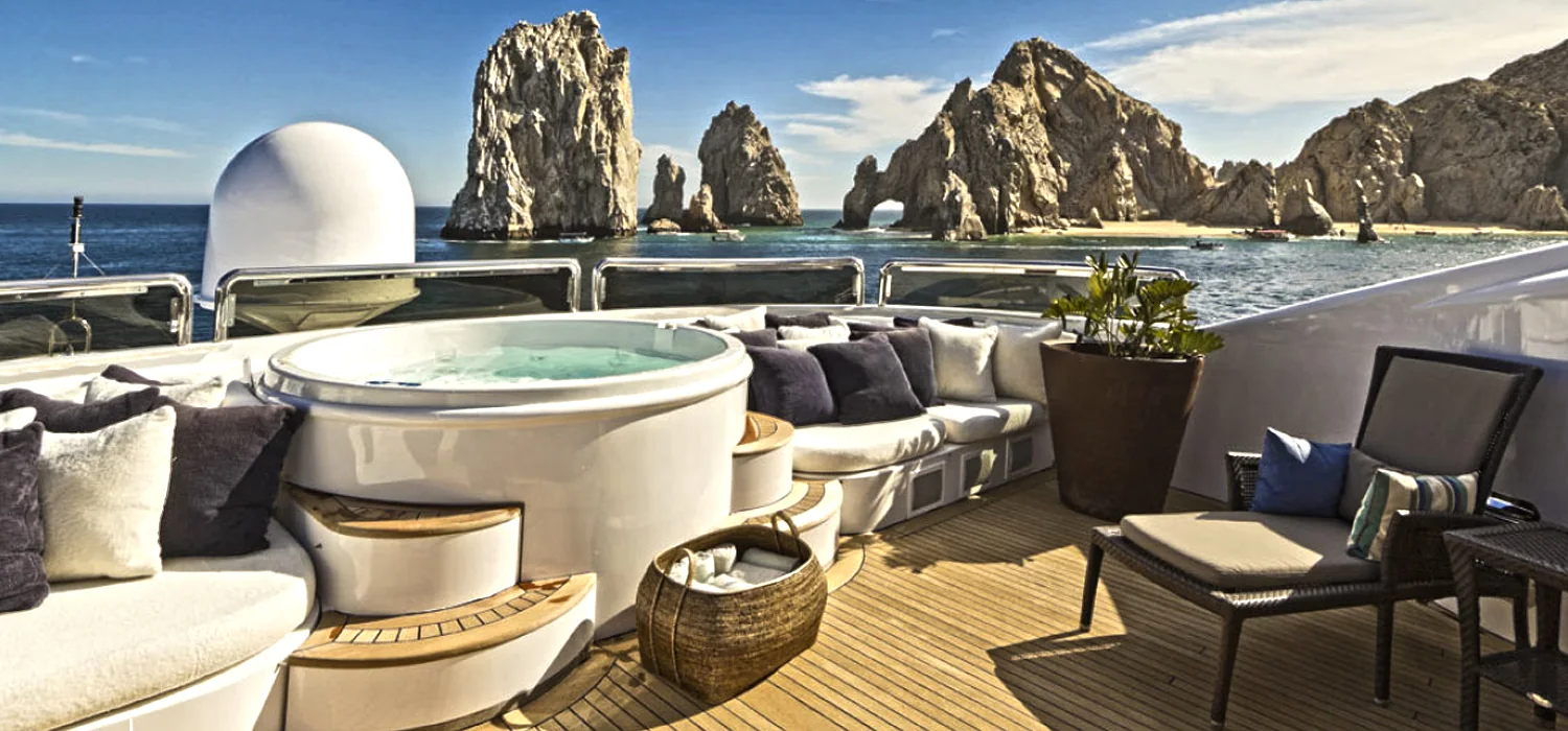 Flybridge lounge overlooking the Cabo San Lucas coastline